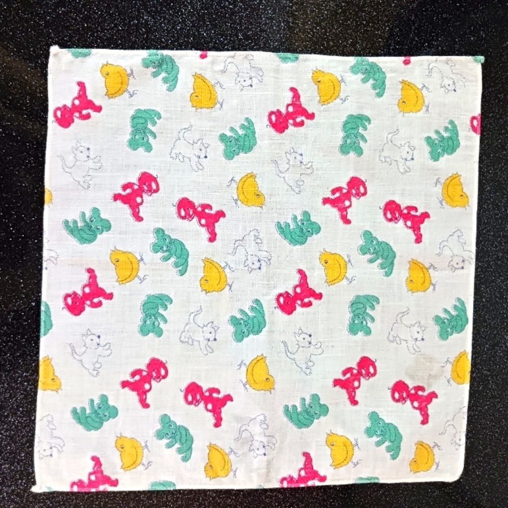 Vintage Baby, Cat, Chick and Teddy Bear Print Children's Hankerchief.